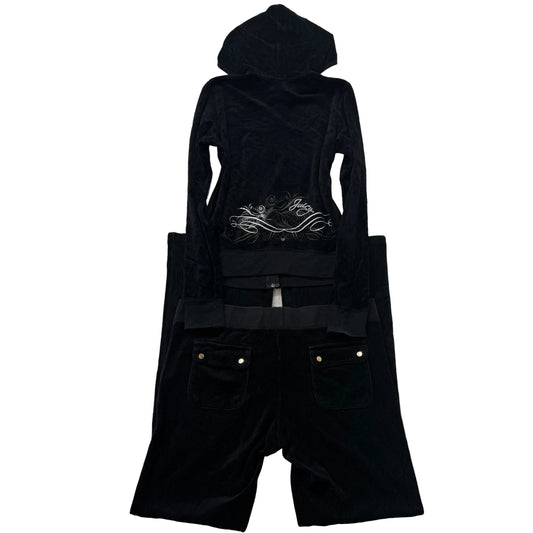Juicy Couture Black Velour Tracksuit Set Zip Up Hoodie & Flared Pant Logo Size L