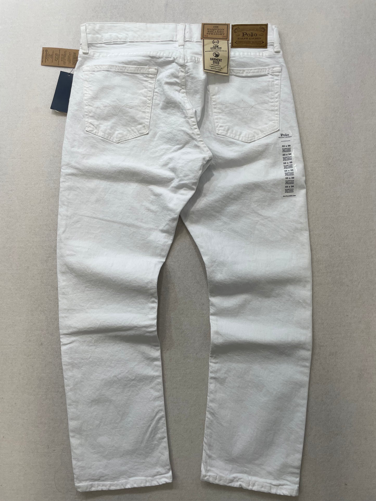 Polo Ralph Lauren Hampton Relaxed Straight White Denim Jeans Leather Logo Patch Size 33x30