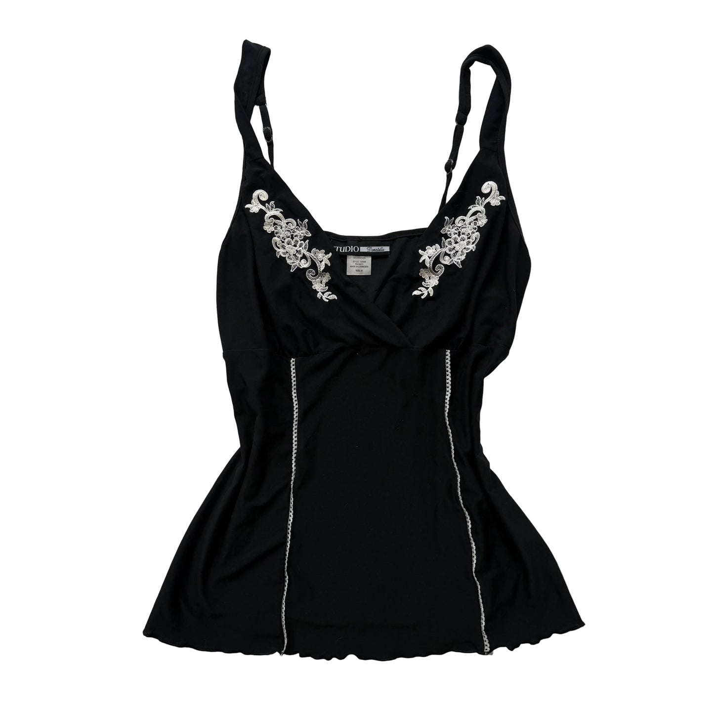 Studio Donatella Women's Black Polyester Camisole Top Lace Applique Y2K Size M