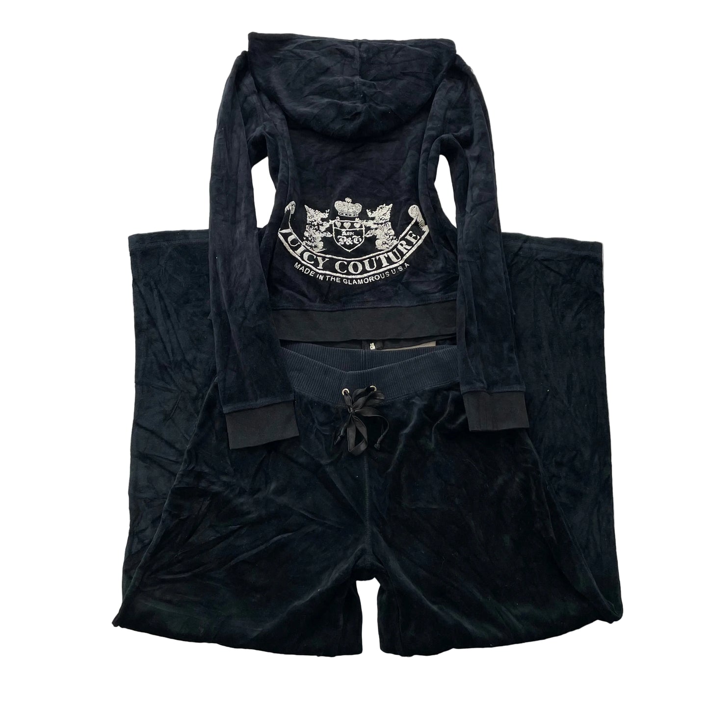Juicy Couture Scottie Dogs Womens Black Velour Tracksuit Set Rhinestone Logo - M