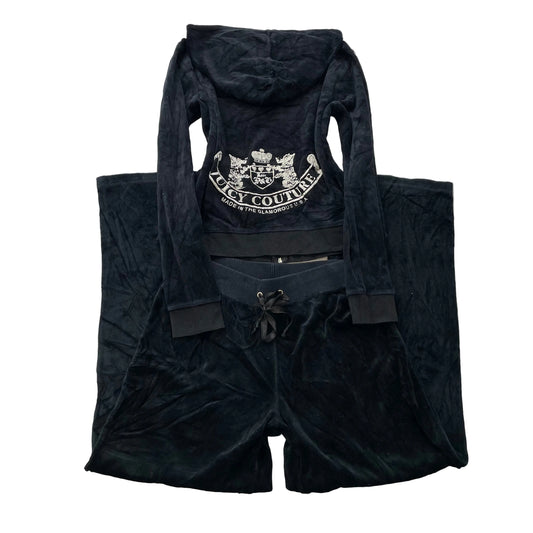Juicy Couture Scottie Dogs Womens Black Velour Tracksuit Set Rhinestone Logo - M