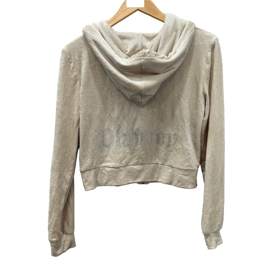Playboy Women's Ivory Velour Zip-Up Cropped Hoodie Rhinestone Bunny Logo Size S