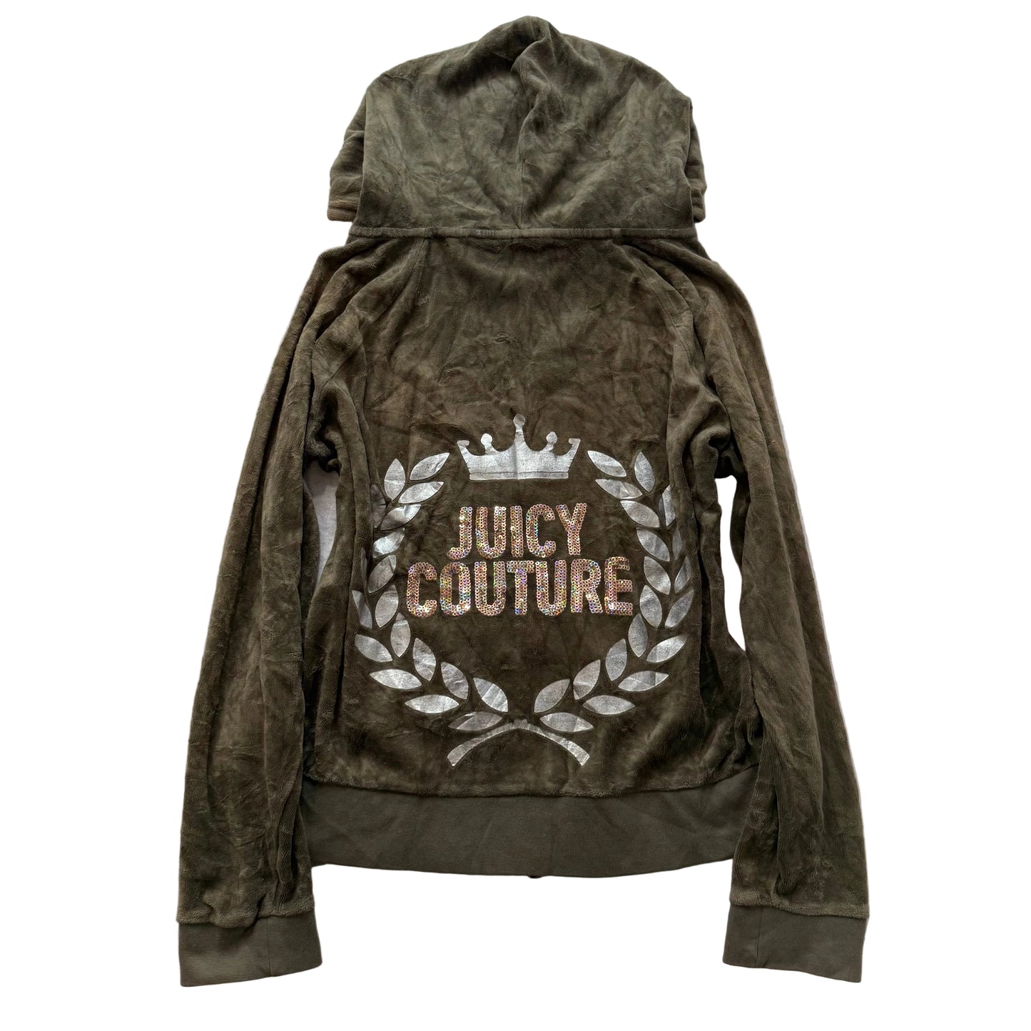 Juicy Couture Women's Olive Green Velour Zip-Up Hoodie Gold Sequins Logo Size XL