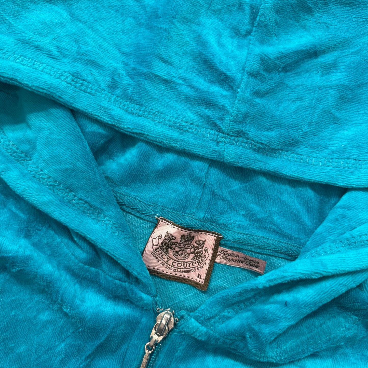 Juicy Couture Women's Teal Velour Full Zip Hoodie Split Kangaroo Pockets Size XL