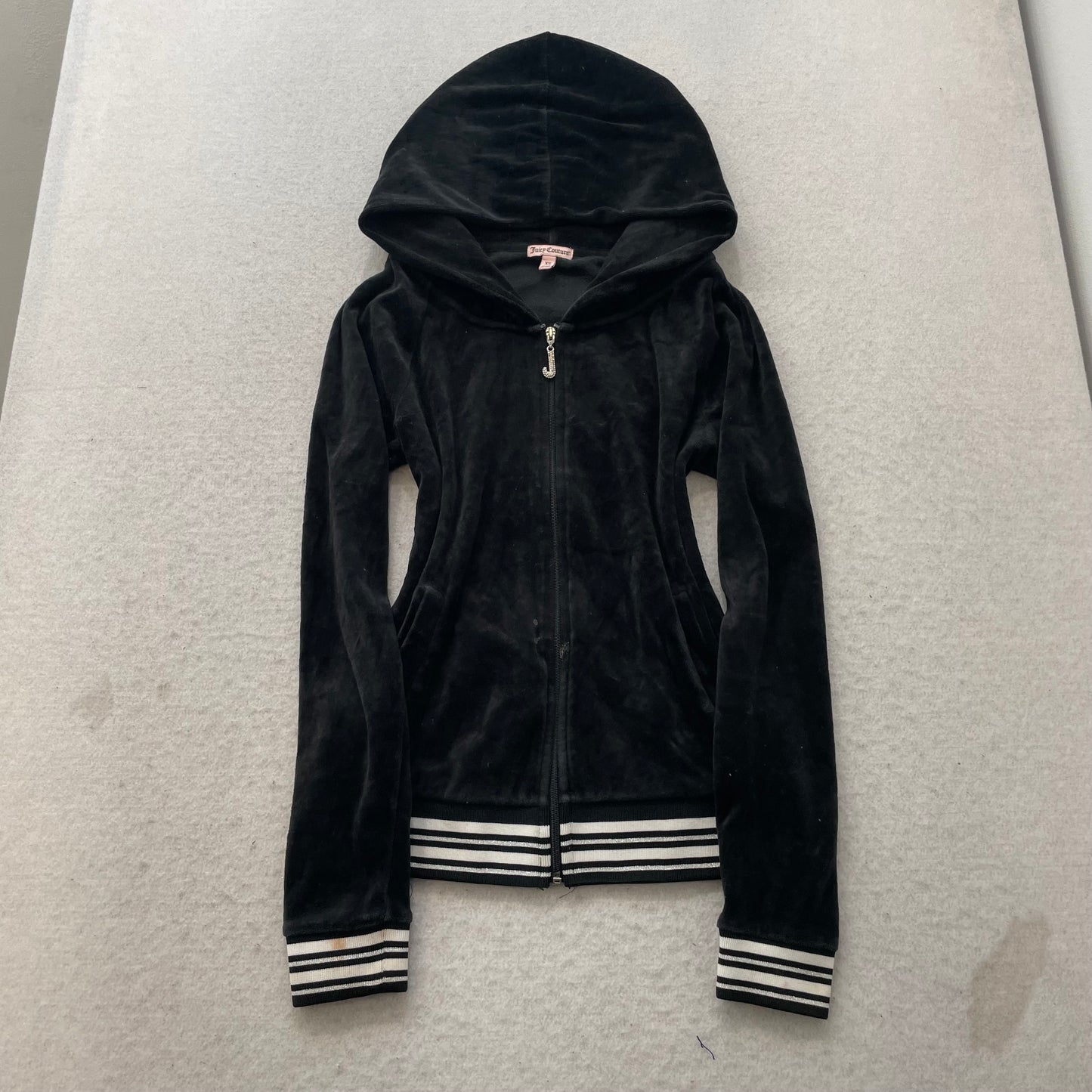 Juicy Couture Women's Black Velour Zip-Up Hoodie Striped Hem Loungewear Size XS