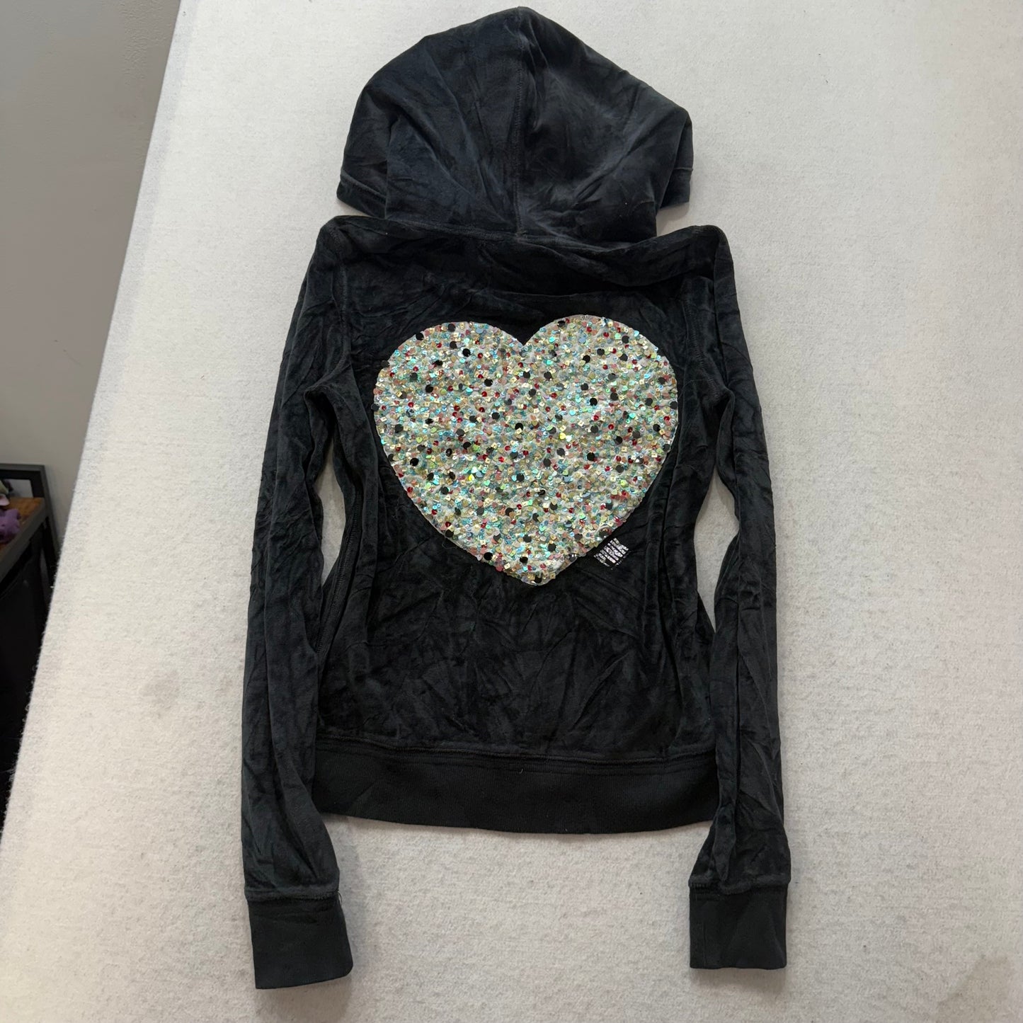 PINK Victoria's Secret Women's Black Zip Up Hoodie Sequins Heart Fur Trim Size M