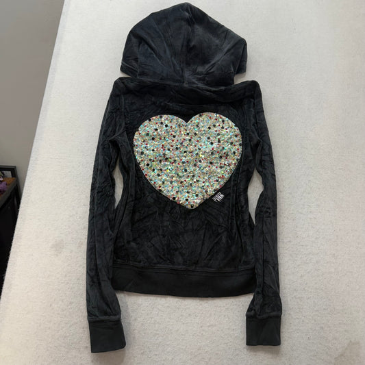 PINK Victoria's Secret Women's Black Zip Up Hoodie Sequins Heart Fur Trim Size M