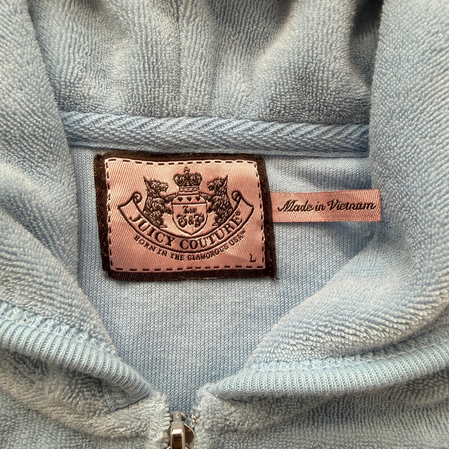 Vintage Juicy Couture Womens Pastel Blue Terry Cloth Zip-Up Hoodie Pocket Size L