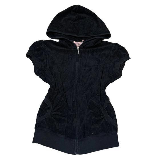 Vintage Juicy Couture Women Black Terry Cloth Zip-Up Hoodie Short Sleeve Size L