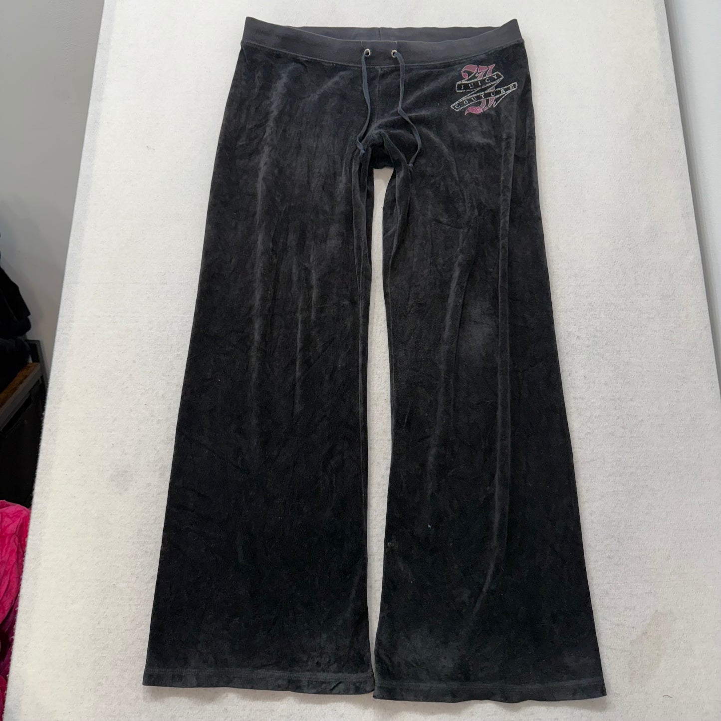 Juicy Couture Black Velour Tracksuit Set Zip Up Hoodie & Flared Pant Logo Size L