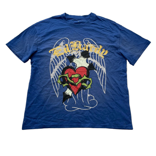 Ed Hardy Men's Blue Cotton T-Shirt Pullover Short Sleeve Graphic Logo Y2K Size L