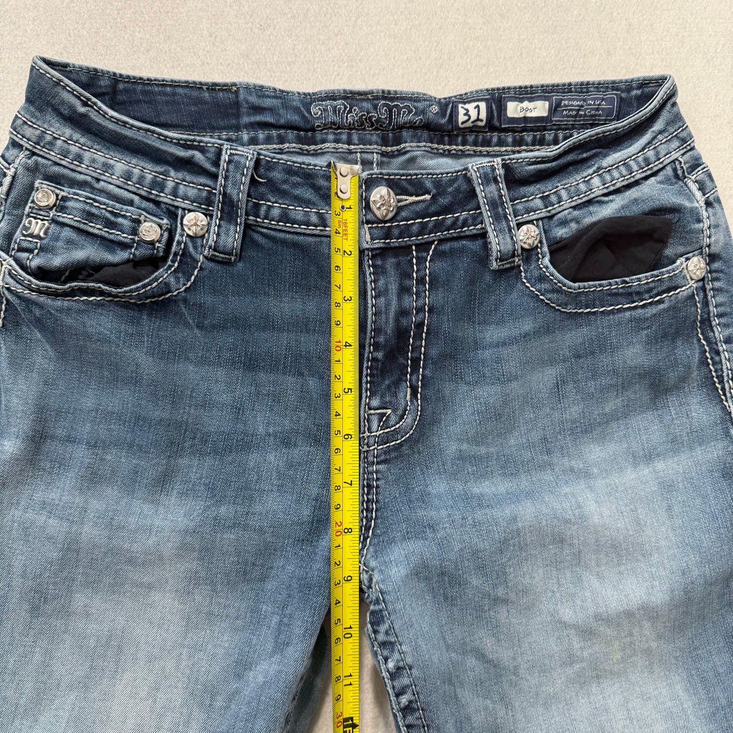 RARE Miss Me Blue Denim Flared Ornate Embellished Bootcut Jeans Low Rise Size 31