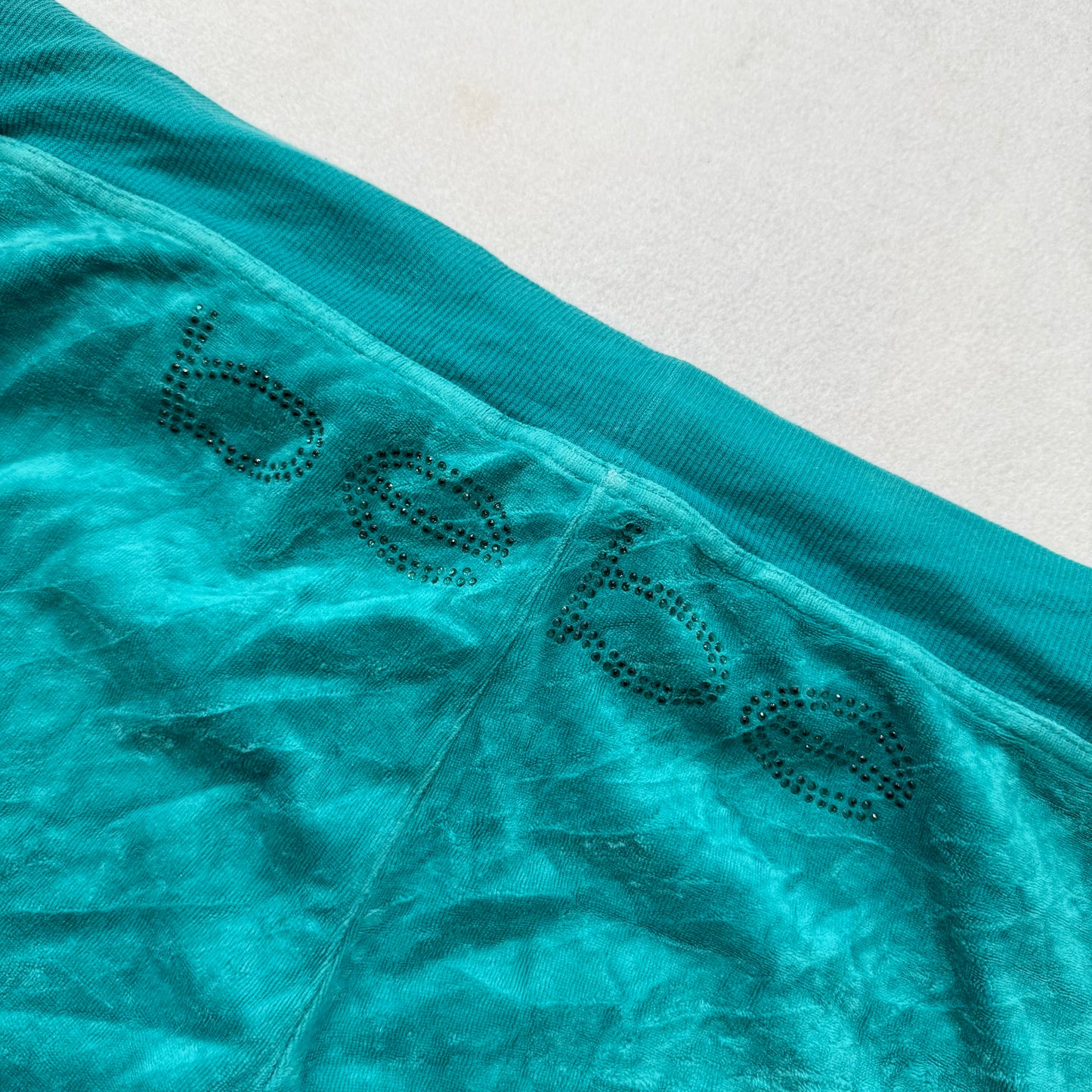Bebe Women Turquoise Velour Flared Track Pants Rhinestone Logo Loungewear Size L
