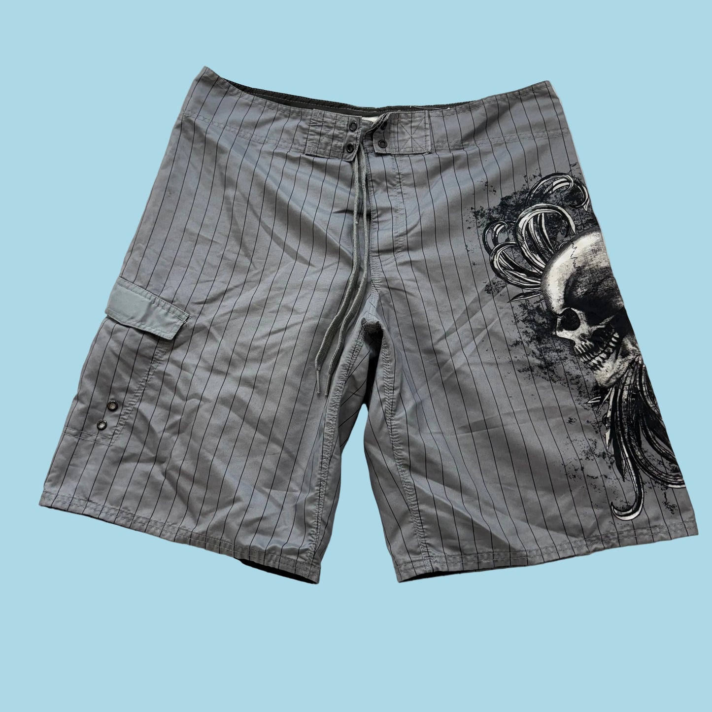Mossimo Supply Men Gray Pinstripe Skull Graphic Swim Shorts Board Trunks Size 36