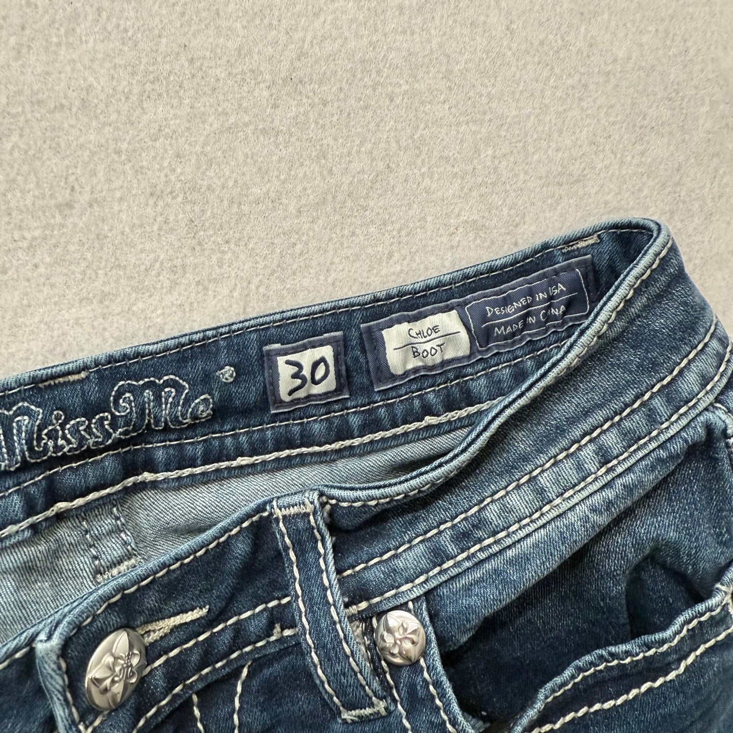 Miss Me Chloe Women's Blue Denim Bootcut Jeans Embellished Flap Pockets Size 30