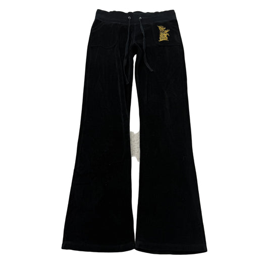 Vintage Juicy Couture Women's Black Velour Flared Track Pants Drawstring Size S