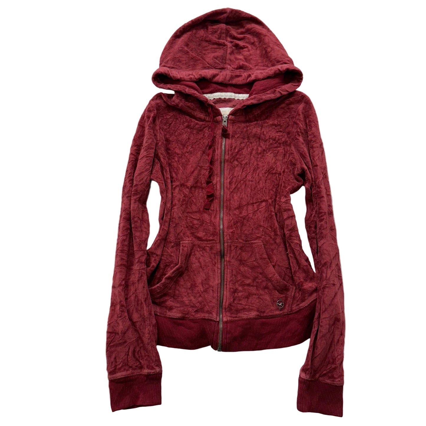 Hollister Women's Burgundy Velour Zip Up Slim Fit Hoodie Loungewear Logo Size M