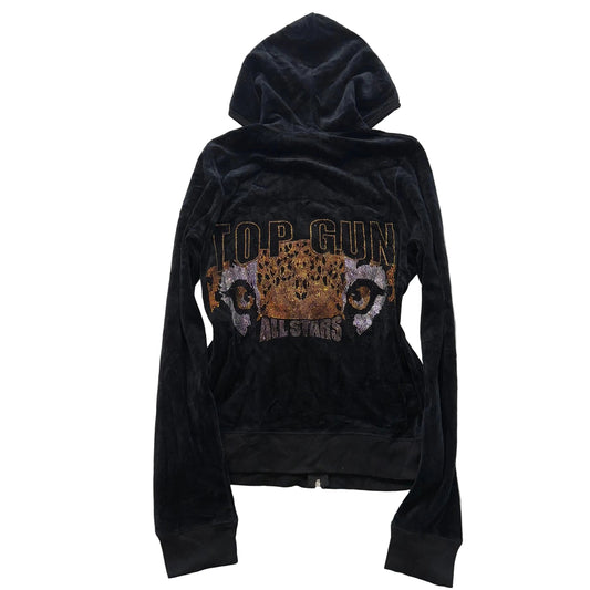 Top Gun All Stars Womens Black Zip Up Hoodie Gold Silver Rhinestone Logo Size XL