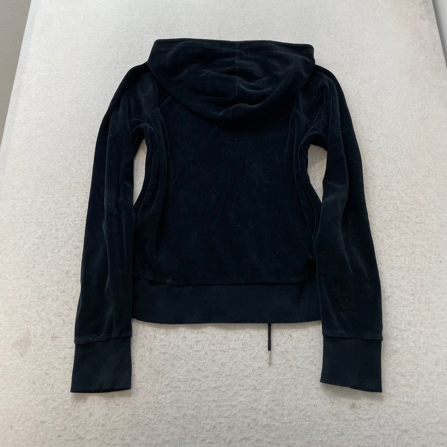 Bebe Sport Women's Black Velour Zip-Up Hoodie Drawstring Rhinestones Logo Size M