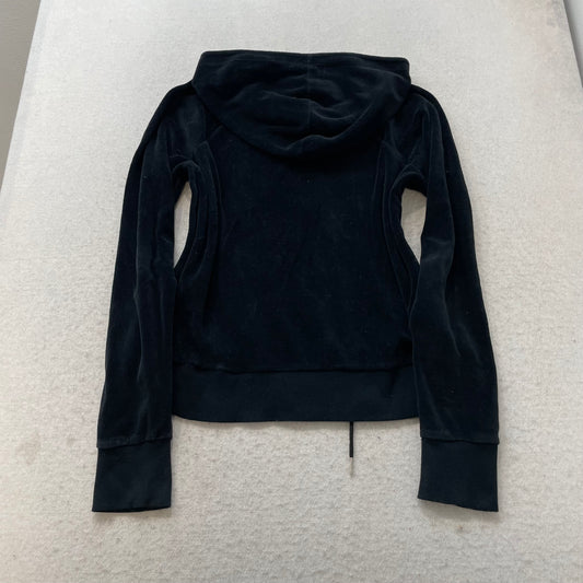 Bebe Sport Women's Black Velour Zip-Up Hoodie Drawstring Rhinestones Logo Size M