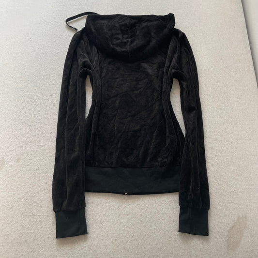 Juicy Couture Women Black Velour Zip-Up Hoodie Streetwear Pockets Classic Size M
