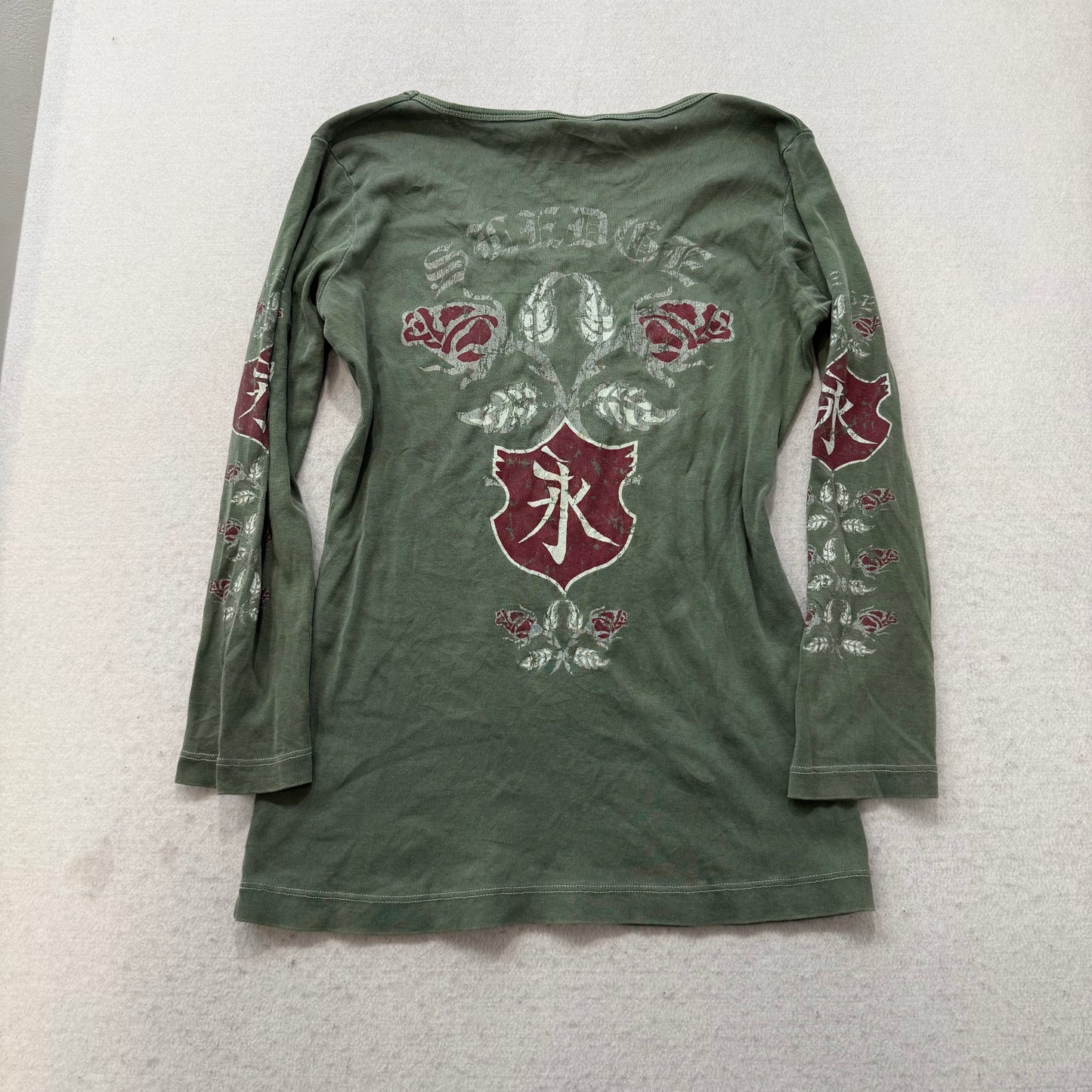 Sledge Women's Olive Green Cotton Top Long Sleeves Kanji Characters Logo Size XL