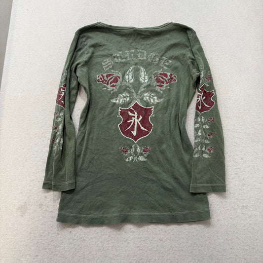 Sledge Women's Olive Green Cotton Top Long Sleeves Kanji Characters Logo Size XL