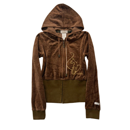Vintage Baby Phat Womens Caramel Brown Velour Zip Up Hoodie Gold Cat Logo Size S