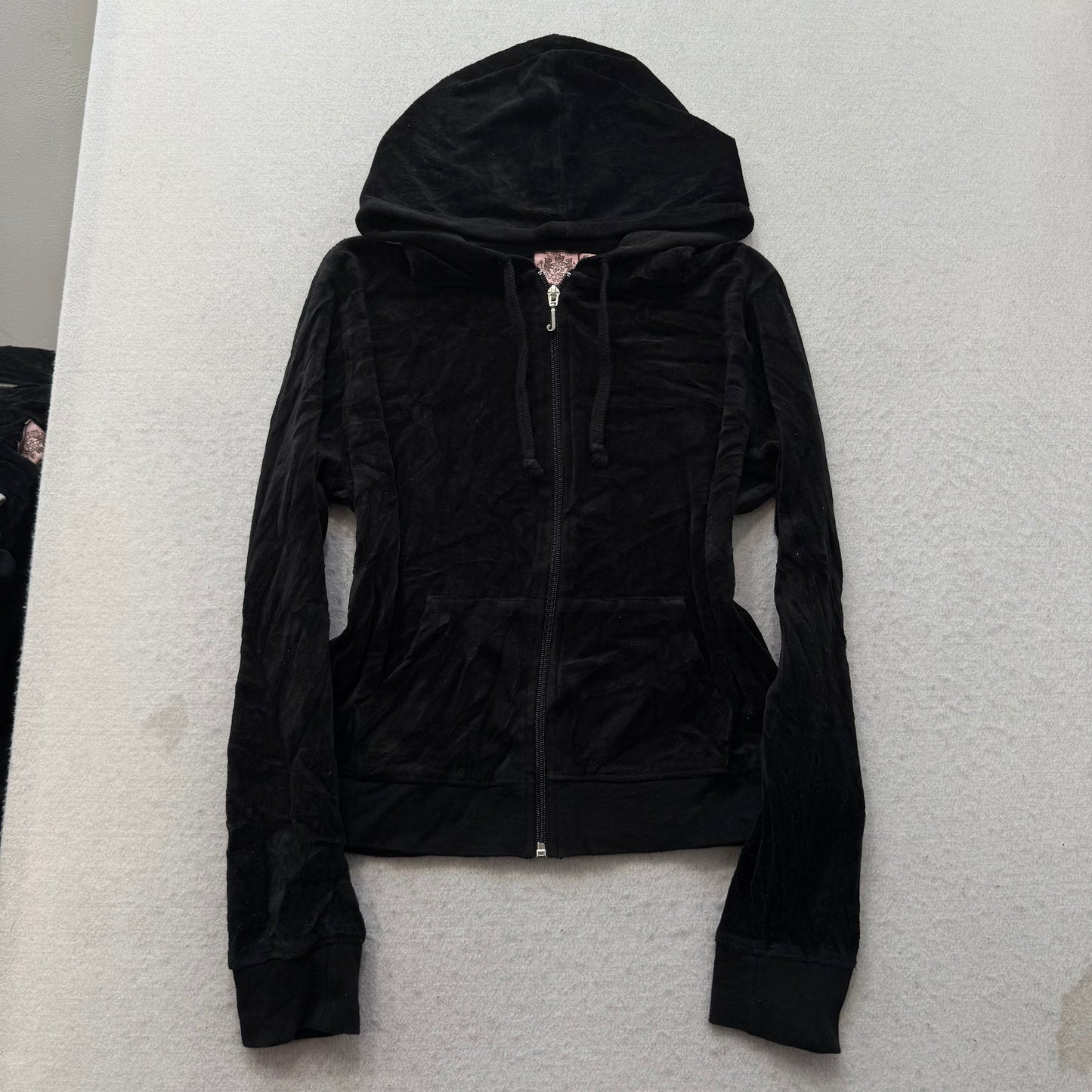 Juicy Couture Women's Black Velour Tracksuit Set Y2k Hoodie & Flared Pant Size M
