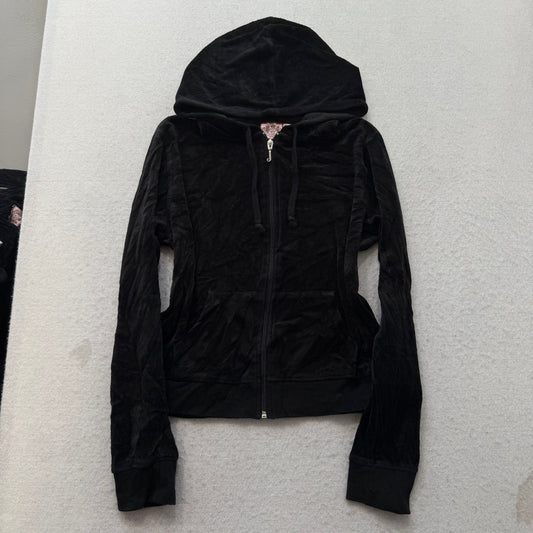 Juicy Couture Women's Black Velour Tracksuit Set Y2k Hoodie & Flared Pant Size M
