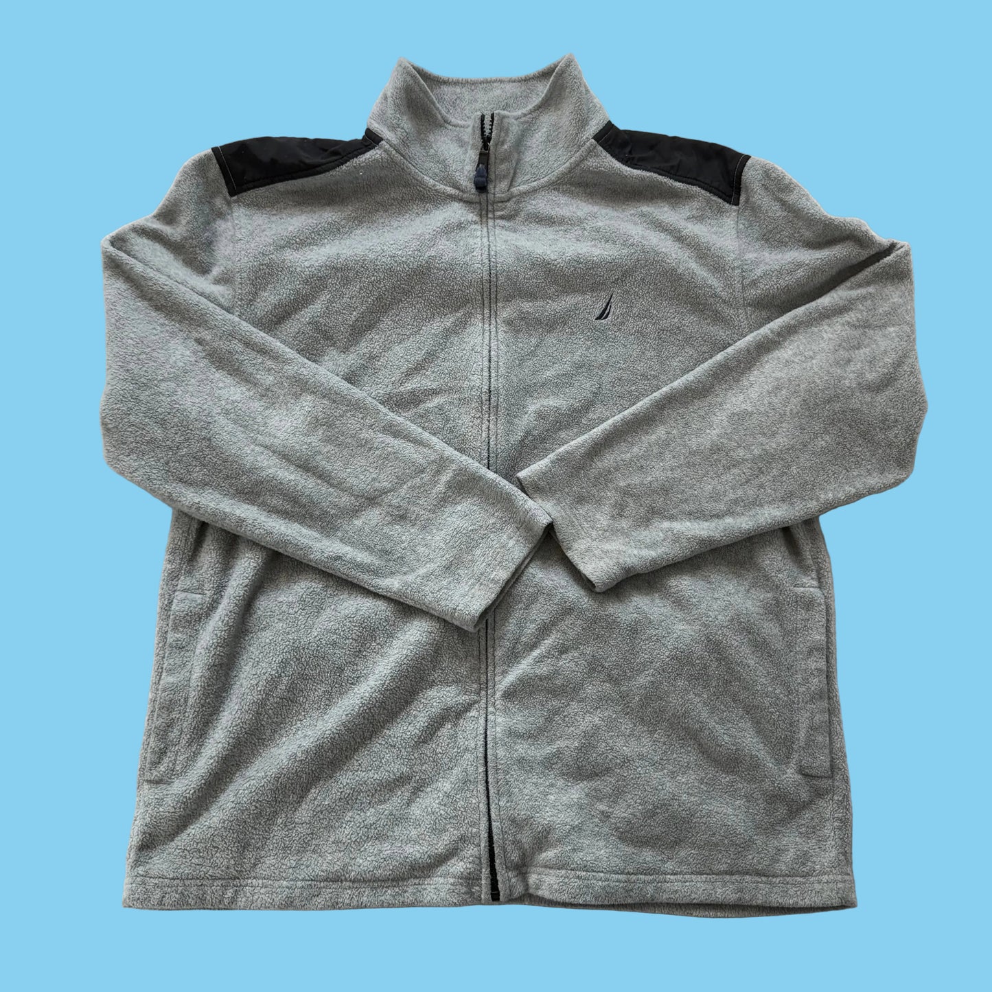 Nautica Men's Gray Fleece Full Zip Jacket Black Contrast Panel Mock Neck Size XL