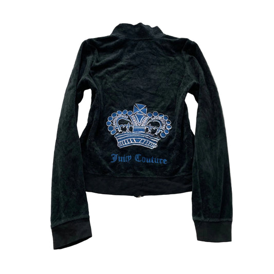 Juicy Couture Women's Black Velour Zip-Up Track Jacket Crown Logo Graphic Size M