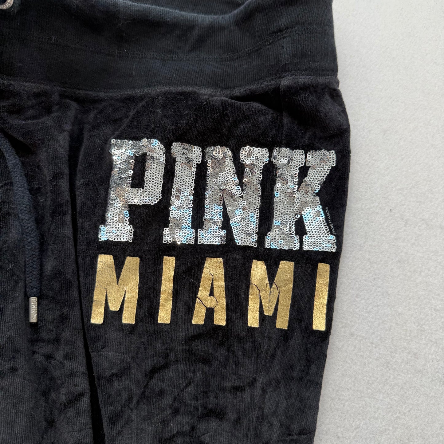 PINK Victoria’s Secret Womens Black Velour Flared Track Pant Sequins Logo Size L