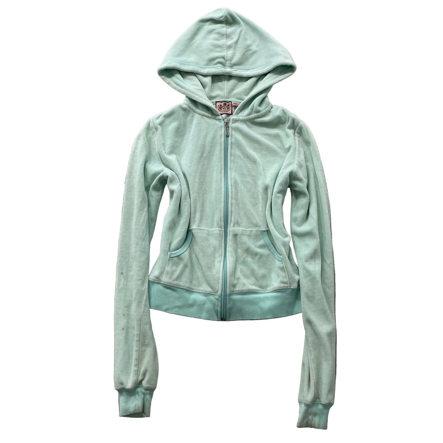 Vintage Juicy Couture Women's Mint Blue Velour Zip Up Cropped Hoodie Y2K Size L