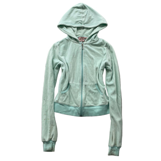 Vintage Juicy Couture Women's Mint Blue Velour Zip Up Cropped Hoodie Y2K Size L