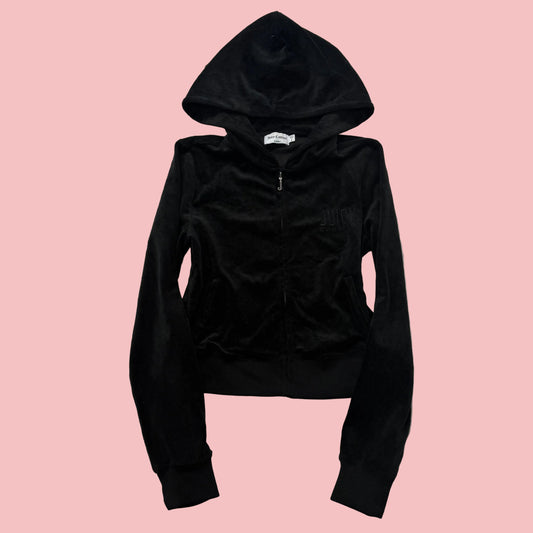 Juicy Couture Women's Black Velour Zip-Up Hoodie Embroidered Logo Pockets Size S