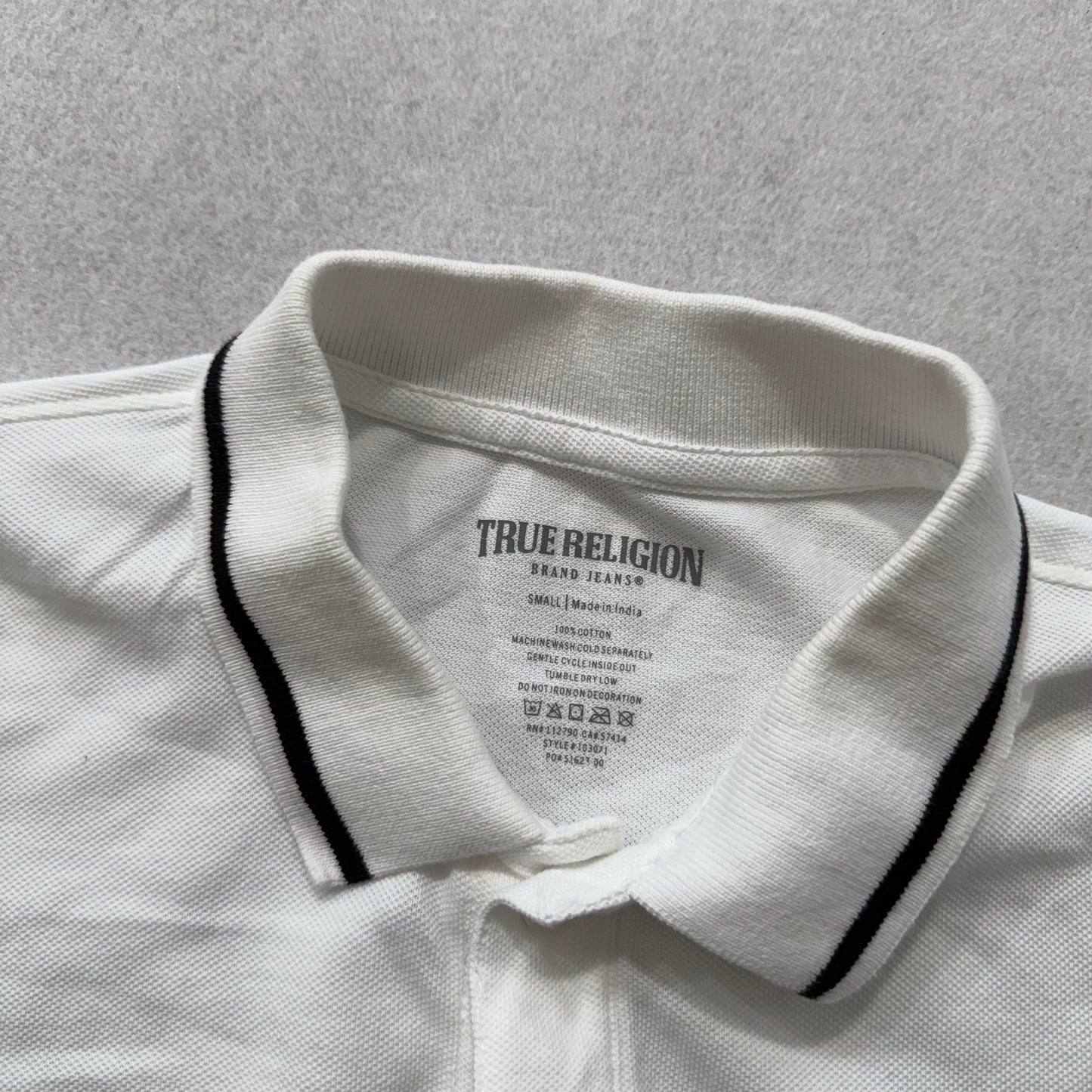 True Religion Men's White Cotton Polo Shirt Short Sleeves Horseshoe Logo Size S