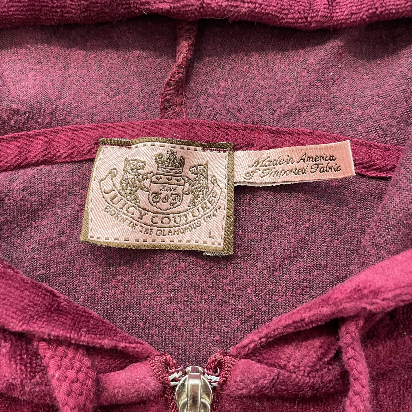 Vintage Juicy Couture Women's Maroon Velour Zip-Up Hoodie Drawstring Y2k Size L