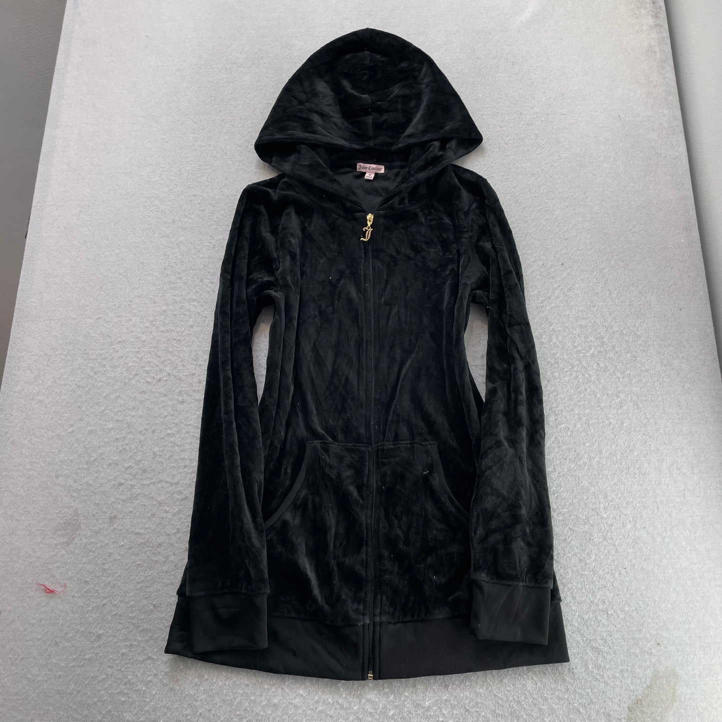 Juicy Couture Women's Black Velour Zip-Up Long Hoodie Crest Sequin Logo Size M