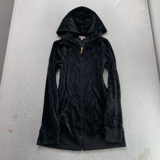 Juicy Couture Women's Black Velour Zip-Up Long Hoodie Crest Sequin Logo Size M