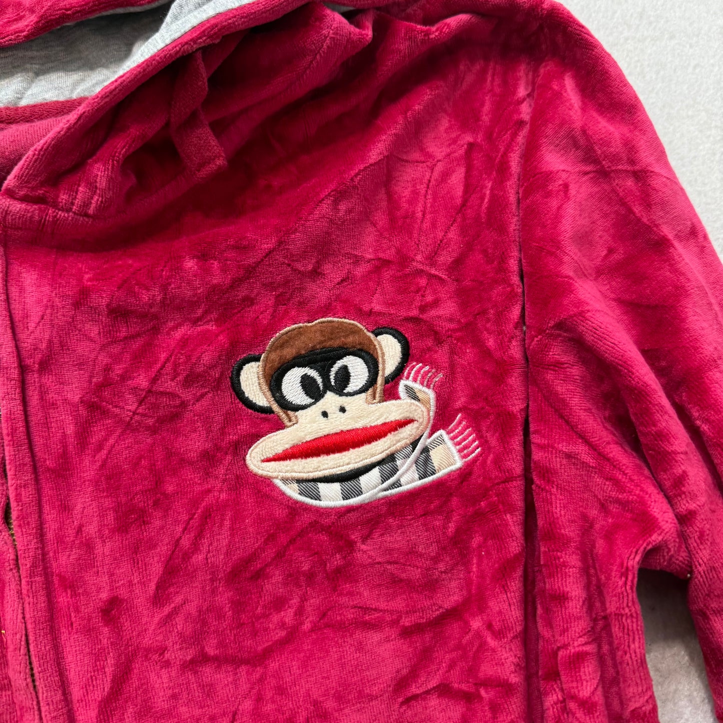 Pull Fronk Womens Cherry Red Velour Zip Up Hoodie Loungewear Monkey Logo Size XL