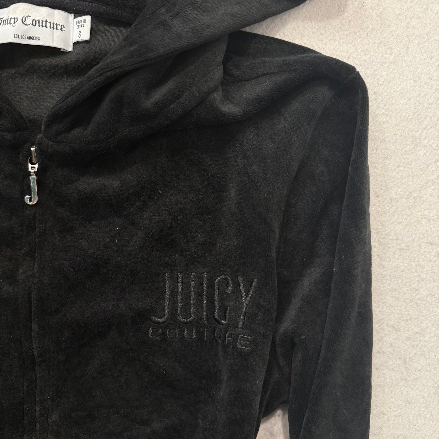 Juicy Couture Women's Black Velour Zip-Up Hoodie Embroidered Logo Pockets Size S
