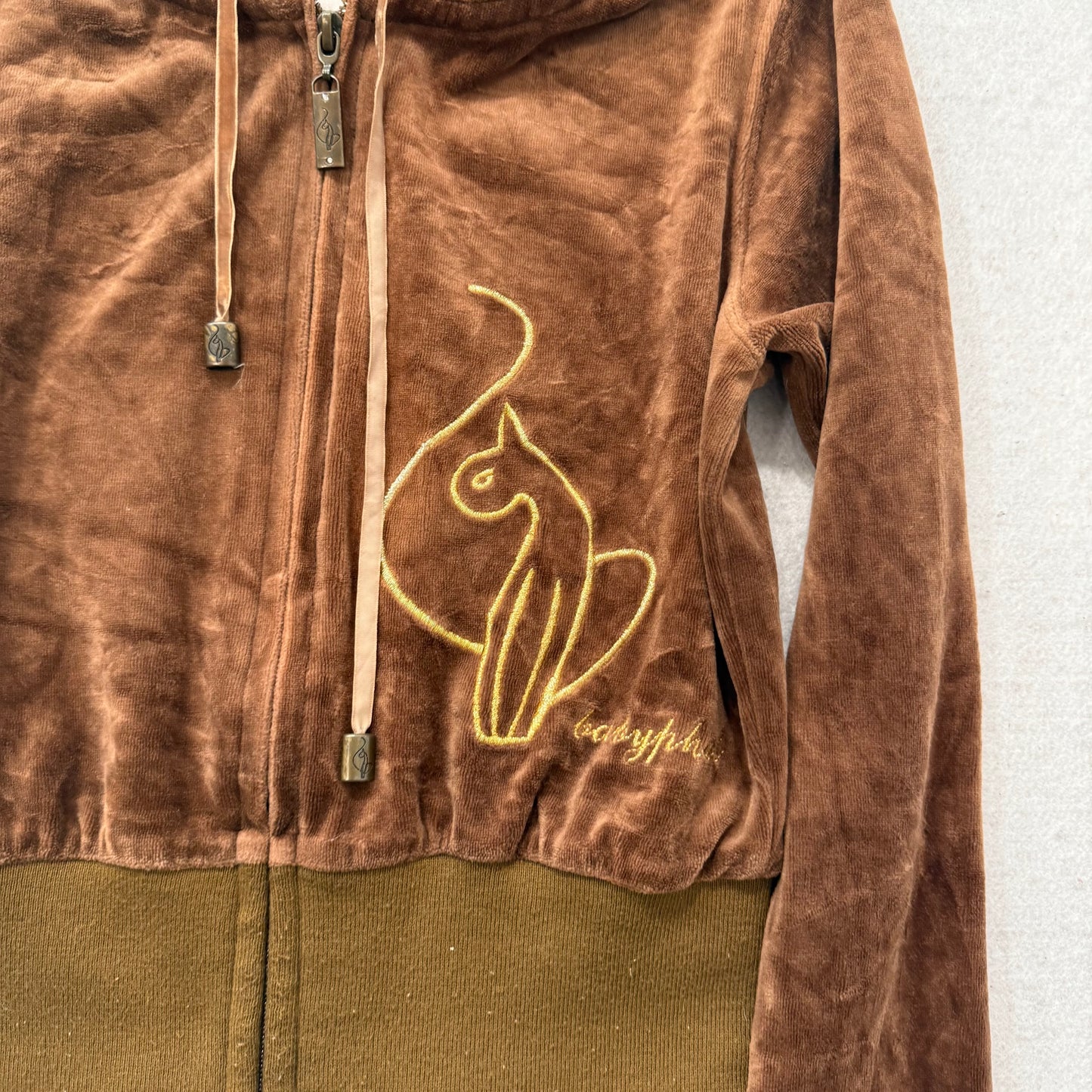 Vintage Baby Phat Womens Caramel Brown Velour Zip Up Hoodie Gold Cat Logo Size S