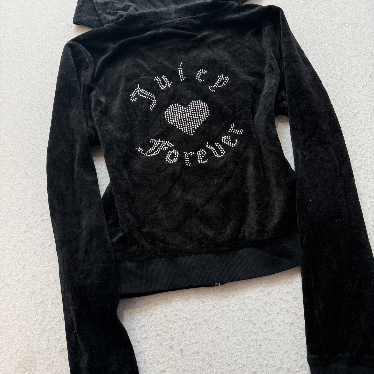 Juicy Couture Forever Women's Black Velour Zip-Up Hoodie Rhinestones Logo Size L