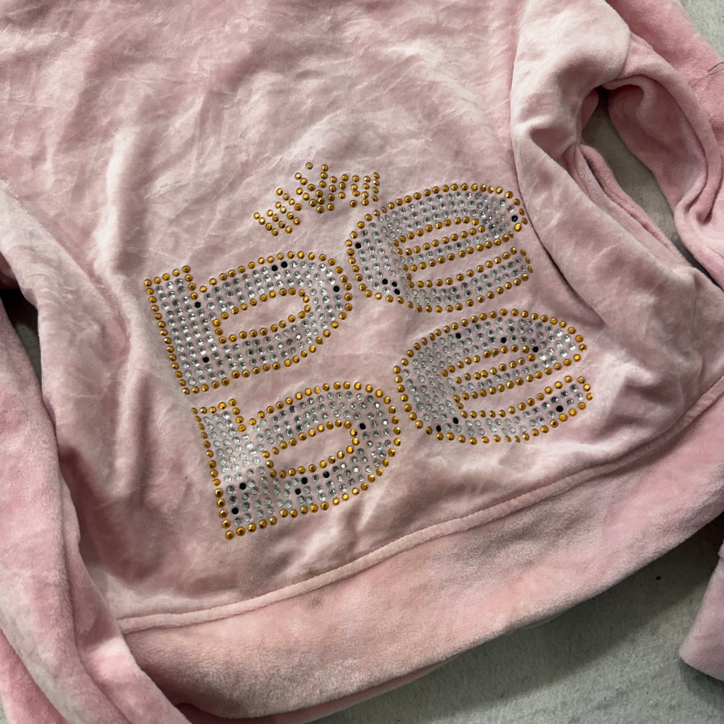 Bebe Women's Baby Pink Velour Full Zip Cropped Hoodie Rhinestones Logo Size S