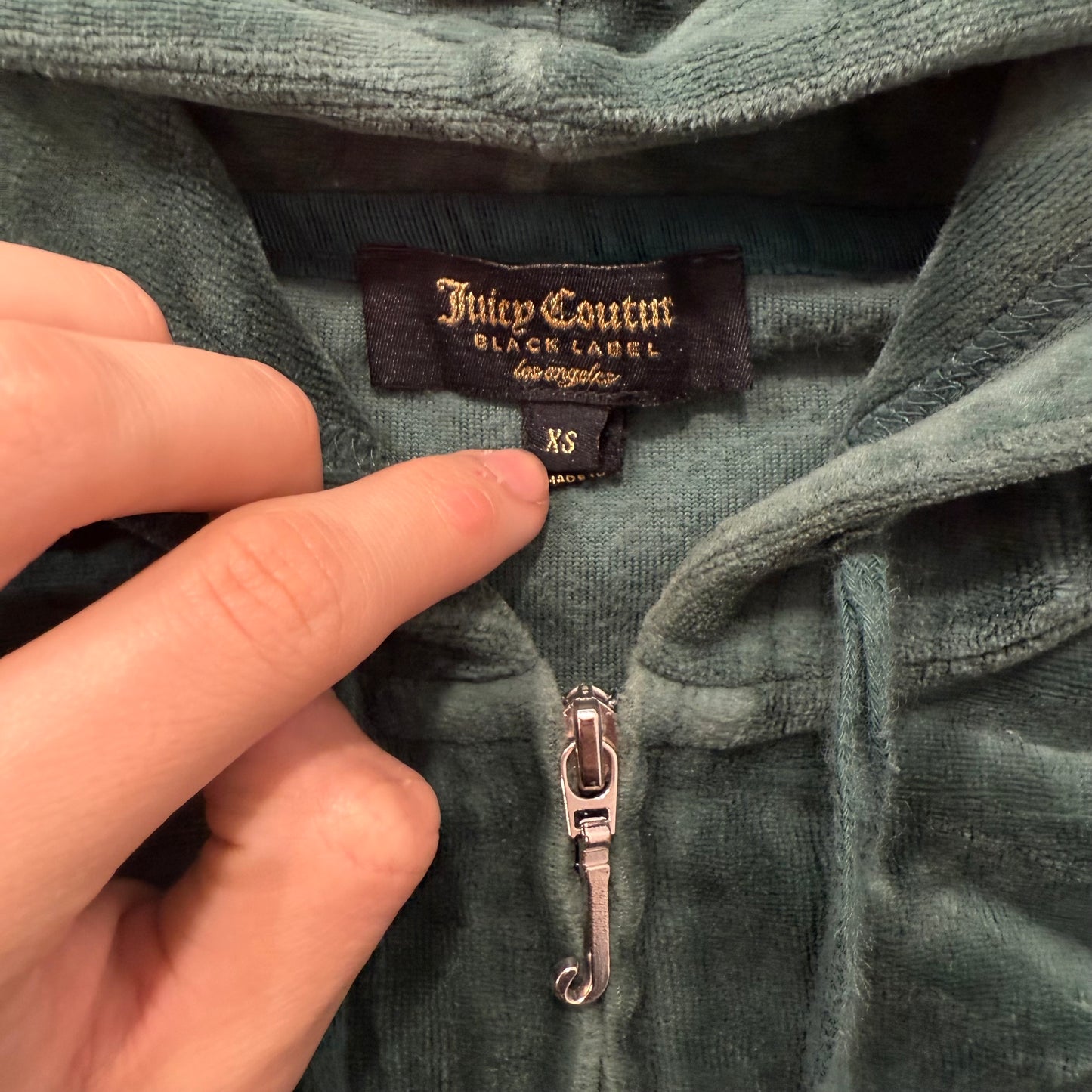 Juicy Couture Womens Dark Green Velour Zip-Up Hoodie Black Label Pockets Size XS