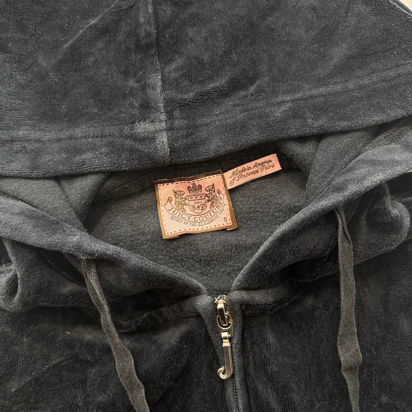 Vintage Juicy Couture Women's Charcoal Velour Zip-Up Hoodie Y2k Dog Logo Size S