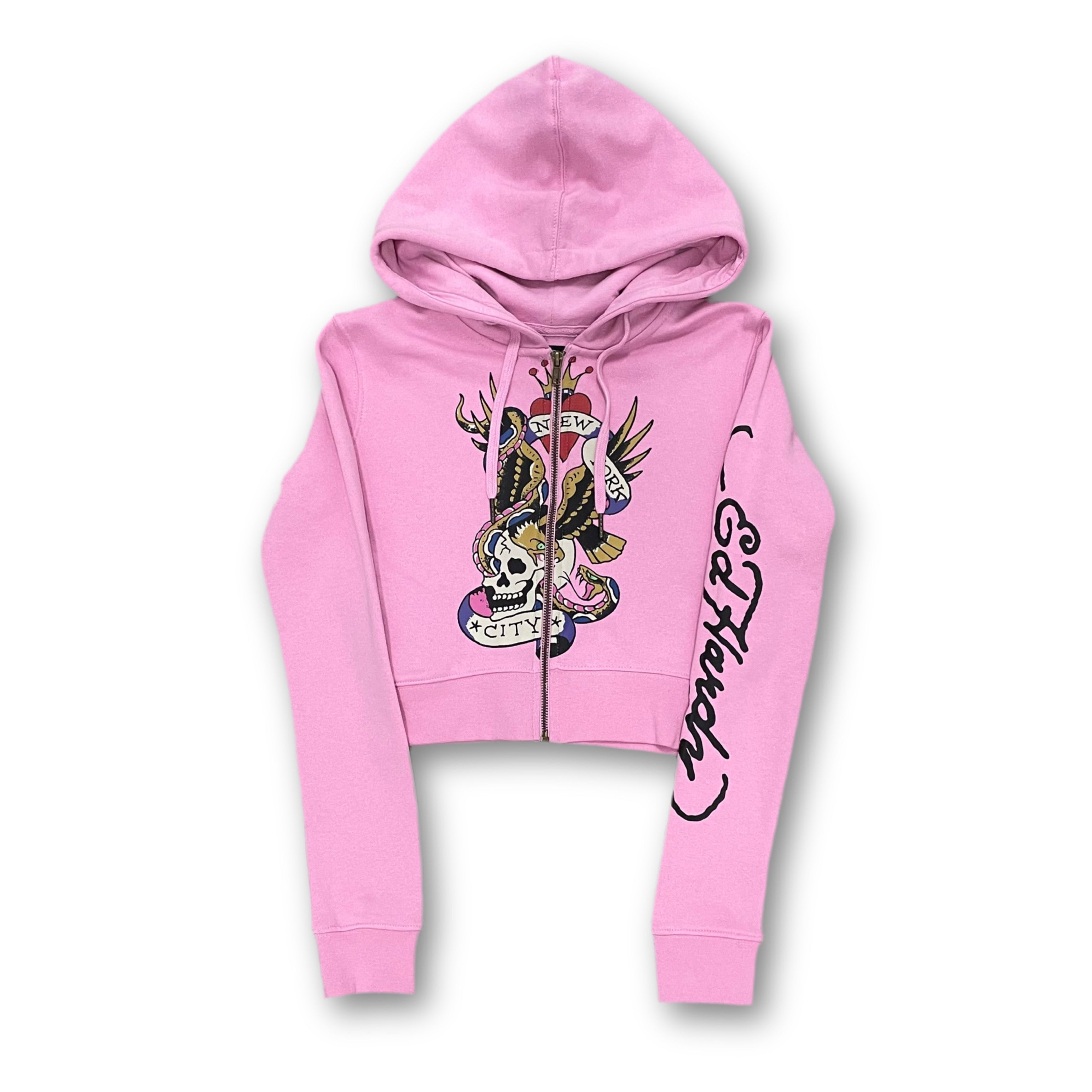 ED HARDY “Flying Skull” PINK CROPPED ZIP UP HOODIE - Clean Curriculums 