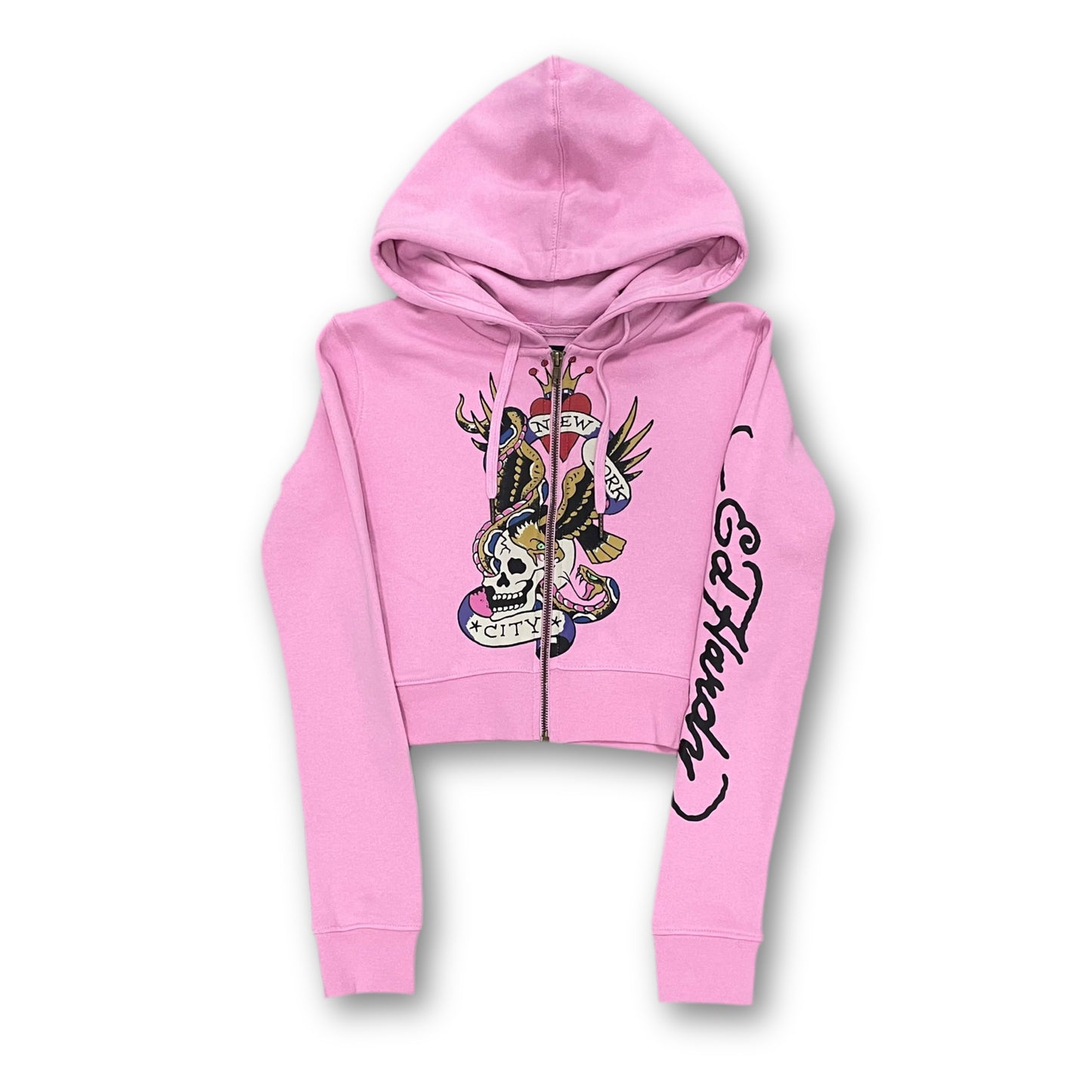 ED HARDY “Flying Skull” PINK CROPPED ZIP UP HOODIE - Clean Curriculums 
