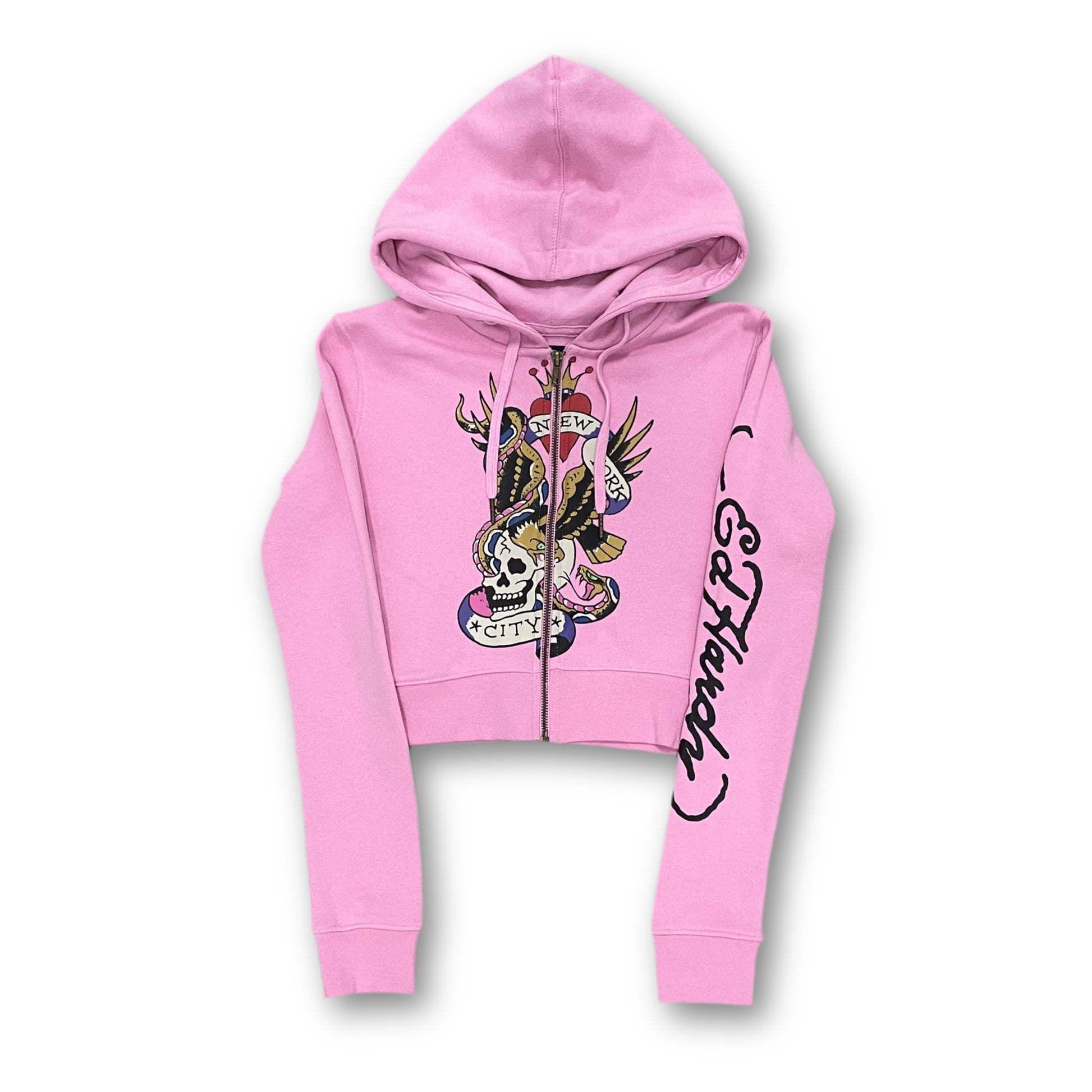 ED HARDY “Flying Skull” PINK CROPPED ZIP UP HOODIE - Clean Curriculums 